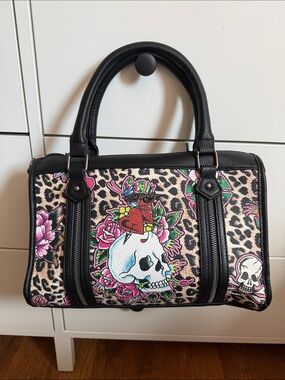 ED HARDY LEOPARD PRINT Skull & Floral Print Satchel Handbag - Black